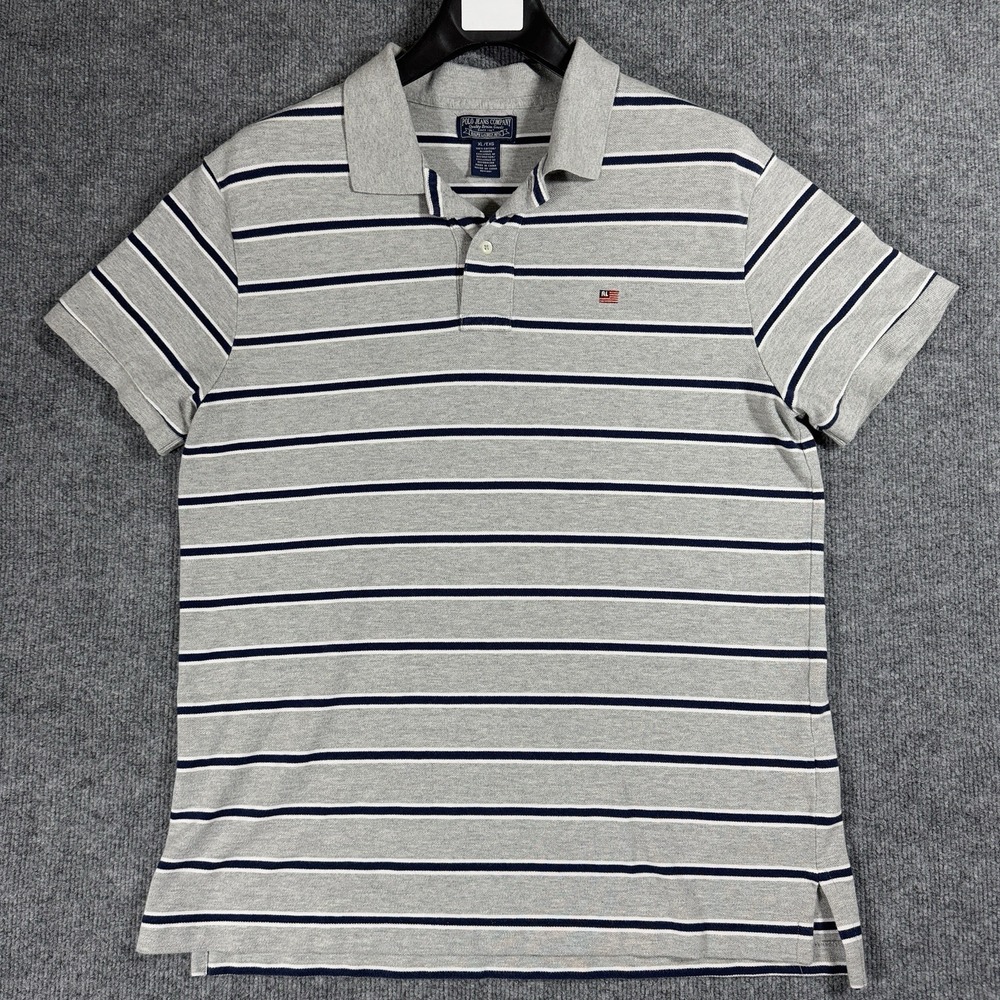 Polo Jeans Company Shirt Mens XL Gray US Flag‎ Blue White Short Sleeve Striped